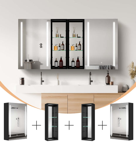 BESTGO 60X30 Medicine Cabinets LED Lighted Bathroom Medicine Cabinet Anti-fogger Dimmable Light Brightness Large Modern Medicine Cabinet Black Alumimum Waterproof