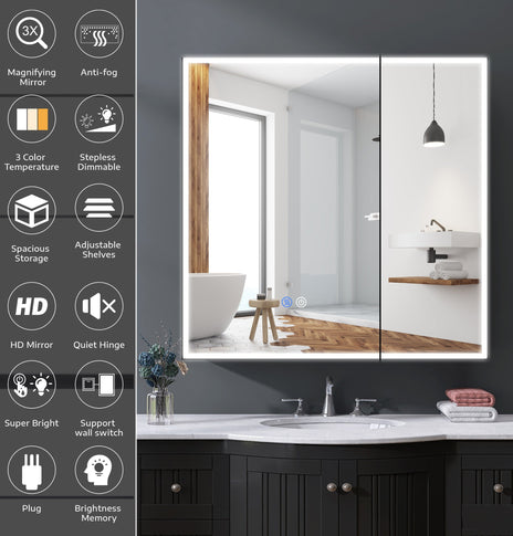 BESTGO LED Lighted Medicine Cabinet with Mirror for Bathroom 30x30 Double Door Surface Wall Mount Flip-Out Magnifying Mirror Door Storage Defogger 3 Color Lighting Dimmer Medicine Cabinets Black