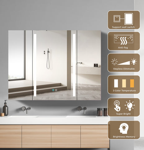 BESTGO Medicine Cabinets LED Lighted 40X30 Bathroom Medicine Cabinet Anti-Fog Function 3 Color Lights Dimmable Brightness Modern Three Doors Surface Mounted Aluminum Main Cabinet Left Door