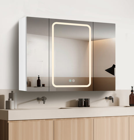 BESTGO Lighted Medicine Cabinets 40x30 inch LED Medicine Cabinet Mirror for Bathroom White Aluminum Surface Mount Anti-fogger Function 3 Color Temperature Adjustable Brightness