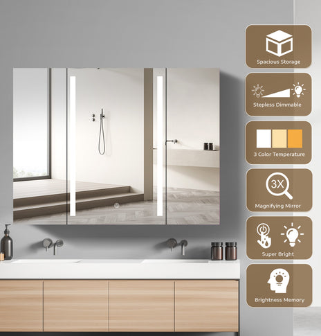 BESTGO Medicine Cabinets 40 W X 30 H LED Medicine Cabinet with Mirror for Bathroom Double Doors Modern 3X Magnifying Mirror Medicine Cabinet with Lights 3 Color Lights Dimmable Brightness