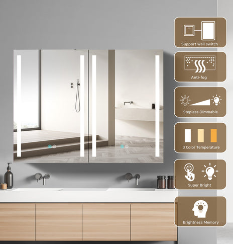 BESTGO Medicine Cabinets 40 W X 30 H LED Medicine Cabinet with Mirror for Bathroom Double Doors Modern Medicine Cabinet with Lights Anti-fogger 3 Color Lights Dimmable Brightness with Big Storage