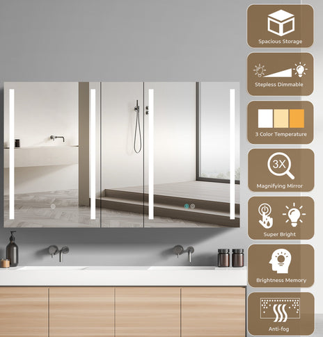 BESTGO Medicine Cabinets 50X30 LED Lighted Bathroom Medicine Cabinet Anti-fogger Dimmable Light Brightness 3X Magnifying Mirror Large Modern 3 Doors Medicine Cabinet White Alumimum Waterproof