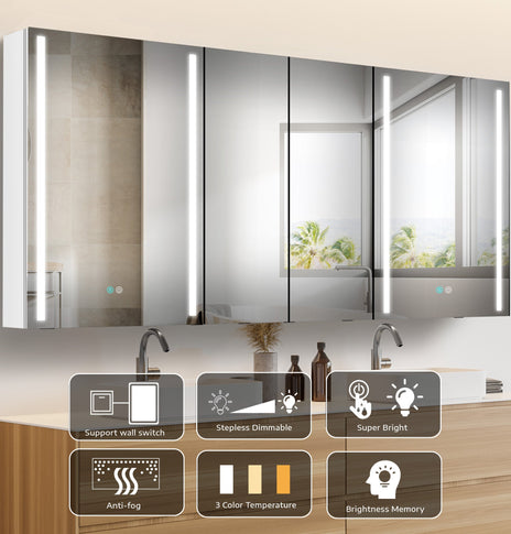 BESTGO Medicine Cabinets 60X30 LED Lighted Bathroom Medicine Cabinet Anti-fogger Dimmable Light Brightness Large Modern 3 Doors Medicine Cabinet White Alumimum Waterproof