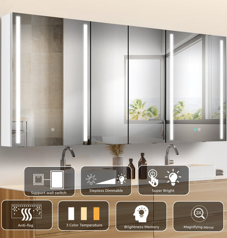 BESTGO Medicine Cabinets 60X30 LED Lighted Bathroom Medicine Cabinet 3X Magnifying Mirror Anti-fogger Dimmable Light Brightness Large Modern 3 Doors Medicine Cabinet White Alumimum Waterproof