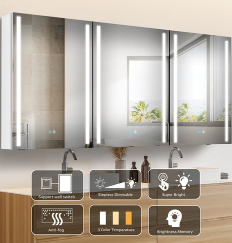 BESTGO Medicine Cabinets 60X30 LED Lighted Bathroom Medicine Cabinet Anti-fogger Dimmable Light Brightness Large Modern 3 Doors Medicine Cabinet White Alumimum Waterproof