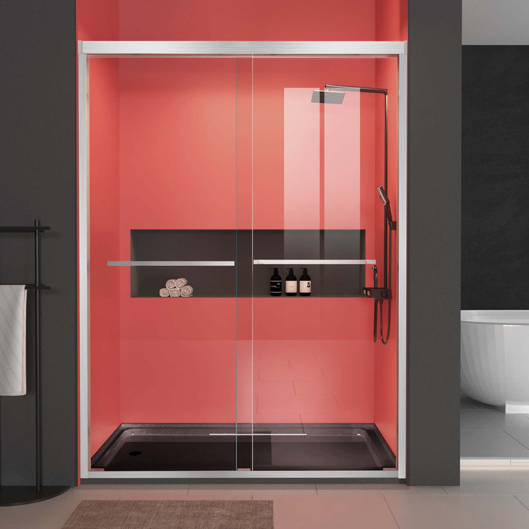 BESTGO Shower Door 68-72"W X 76"H Brushed Nickel with Safety Certified Laminated Clear Tempered Glass Double Sliding Glass Shower Doors Smooth Bypass Sliding Open and Close