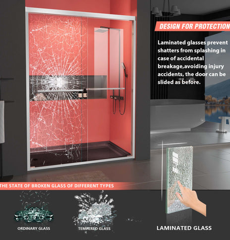 BESTGO Shower Door 68-72"W X 76"H Brushed Nickel with Safety Certified Laminated Clear Tempered Glass Double Sliding Glass Shower Doors Smooth Bypass Sliding Open and Close