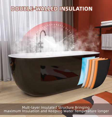 BESTGO Freestanding Bathtub 55 inch Classic Oval Shaped Acrylic Free standing Tubs, Adjustable Soaking Tub with Linear Slotted Overflow and Removable Chrome Drain 55x29.5 Inch Glossy Black