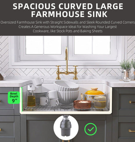 BESTGO White Farmhouse Sink 30 inch Curved Apron Front Farm Sink Fireclay Big Single Bowl Kitchen Sink Arc Shaped Deep Large Capacity with Accessories Protective Bottom Grid and Kitchen Sink Strainer