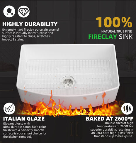 BESTGO White Farmhouse Sink 33 inch Curved Apron Front Farm Sink Fireclay Big Single Bowl Kitchen Sink Arc Shaped Deep Large Capacity with Accessories Protective Bottom Grid and Kitchen Sink Strainer