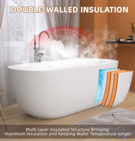 BESTGO Acrylic Free standing Tub 65 inch - Double Walled Insulation Freestanding Bathtub, Adjustable Soaking Tub with Linear Slotted Overflow and Removable Chrome Drain 65x29.5 Inch Matt White
