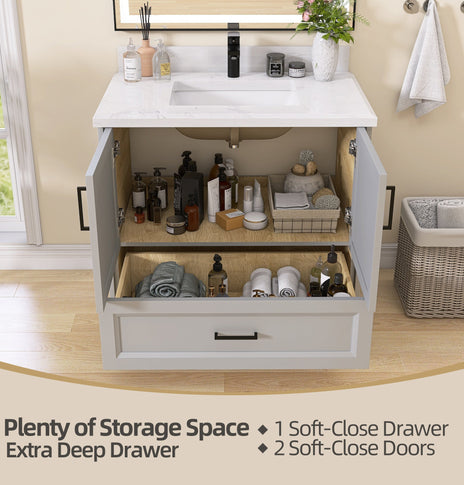 BESTGO 36" Light Grey Bathroom Vanity Cabinet With Sink Combo Set, Modern Solid Wood Frame Bathroom Storage Vanity With Single Sink, Led Lighted Mirror, 2 Soft Closing Doors & 1 Full Extension Drawers