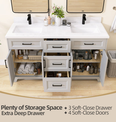 BESTGO 60" Light Grey Bathroom Vanity Cabinet With Sink Combo Set, Modern Solid Wood Frame Bathroom Storage Vanity With Single Sink, Led Lighted Mirror, 2 Soft Closing Doors & 1 Full Extension Drawers