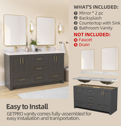 BESTGO 60" Bathroom Vanity Cabinet With Sink Combo Set, Modern Solid Wood Frame Bathroom Storage Vanity With Double Sink, Two Bathroom Vanity Mirrors, 5 Soft Closing Doors & 4 Full Extension Drawers
