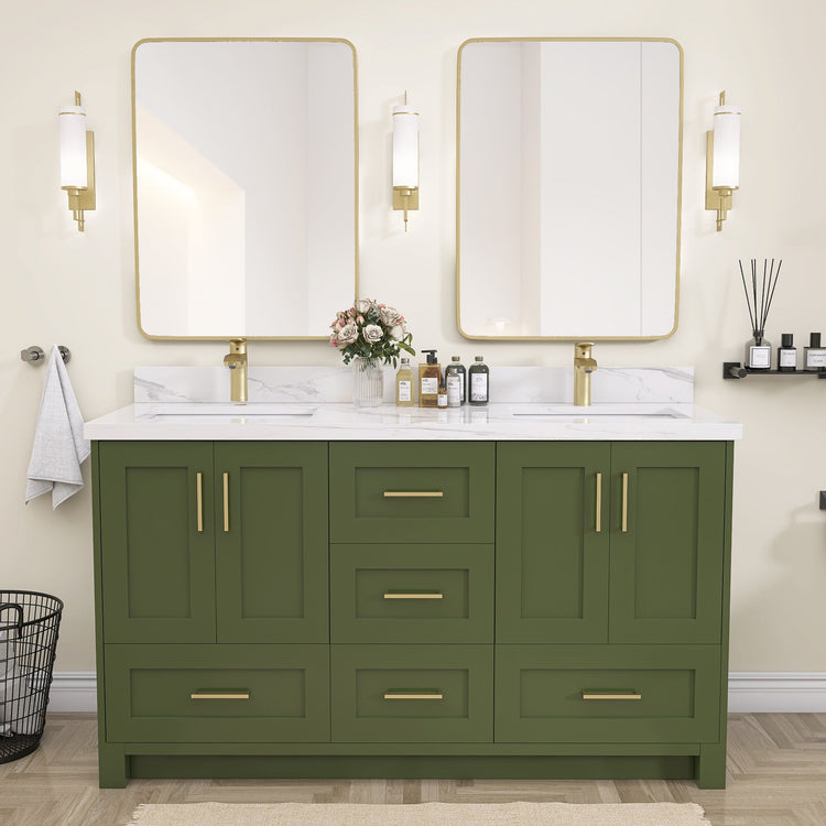 BESTGO 60" Bathroom Vanity Cabinet With Sink Combo Set, Modern Solid Wood Frame Bathroom Storage Vanity With Double Sink, Two Bathroom Vanity Mirrors, 5 Soft Closing Doors & 4 Full Extension Drawers