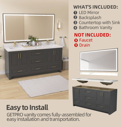 BESTGO 72" Bathroom Vanity Cabinet With Sink Combo Set, Modern Solid Wood Frame Bathroom Storage Vanity With Double Sink, Led Lighted Mirror, 5 Soft Closing Doors & 4 Full Extension Drawers
