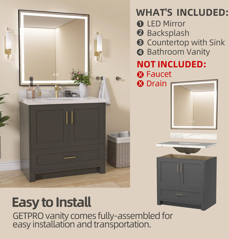 BESTGO 36" Bathroom Vanity Cabinet With Sink Combo Set, Modern Solid Wood Frame Bathroom Storage Vanity With Single Sink, Led Lighted Mirror, 2 Soft Closing Doors & 1 Full Extension Drawers