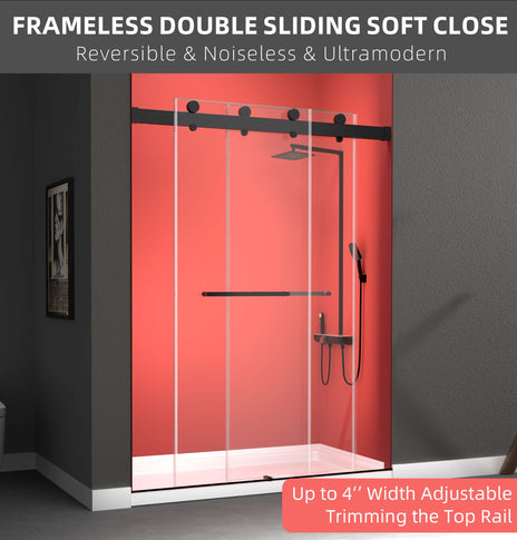BESTGO Shower Doors with Soft Closing System 56-60" Width x 79"Height Frameless Double Sliding Glass Shower Door with 3/8" Tempered Clear Glass Aluminum Alloy Hardware Matt Black