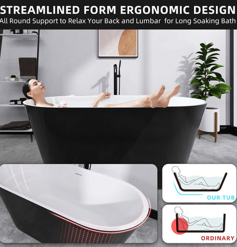 BESTGO Acrylic Free Standing Tubs Black 55 inch Classic Oval Shape Soaking Tub Adjustable Freestanding Bathtub with Integrated Slotted Overflow and Chrome Pop-up Drain Anti-clogging Glossy Black