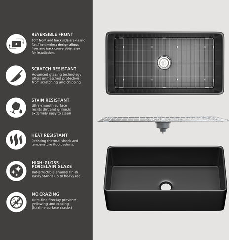 BESTGO Farmhouse Sink 30 Inch Fireclay Farm Black Kitchen Sink Apron Front Large Deep Porcelain Single Bowl with Modern Style Protective Bottom Grid and Kitchen Sink Drain