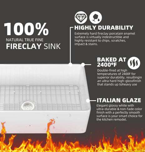 BESTGO Farmhouse Sink 30 Inch Fireclay Farm White Kitchen Sink Apron Front Large Deep Porcelain Single Bowl with Modern Style Protective Bottom Grid and Kitchen Sink Drain