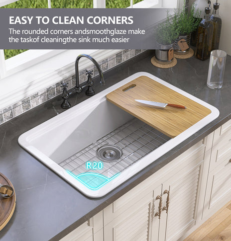BESTGO White Kitchen Sink 33 X22 Fireclay Undermount Workstation Sink Drop In Kitchen Sink Large Deep Modern Sink with Accessaries Bottom Grid and Kitchen Sink Drain