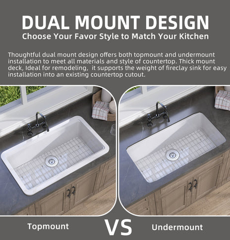 BESTGO Drop in Kitchen Sink 33 X 20 Topmount & Undermount Kitchen Sink Dual Mount White Kitchen Sink Single Bowl Fireclay Farmhouse Kitchen Sinks with Modern Accessory Kit