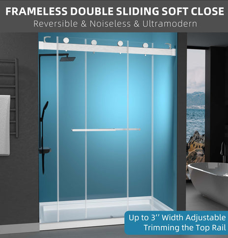 BESTGO Shower Doors 57-60'' W x 79'' H Brushed Nickel Frameless Glass Shower Door Double Sliding with Upgraded Soft Close Anti-Jumping System 3/8 inch Tempered Glass Noiseless & Width Adjustable