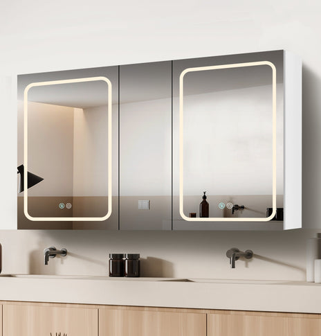 BESTGO Lighted Medicine Cabinets 50x30 inch LED Medicine Cabinet Mirror for Bathroom White Aluminum Surface Mount Anti-fogger Function 3 Color Temperature Adjustable Brightness