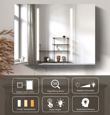 BESTGO Medicine Cabinets LED Lighted 40X30 Black Bathroom Medicine Cabinet Anti-Fog Function 3 Color Lights Dimmable Brightness Modern Three Doors Medicine Cabinet Surface Mounted Aluminum