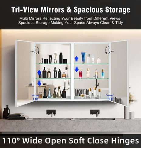 BESTGO LED Mirror Lighted Medicine Cabinet 40x30 inch Double Door Bathroom Medicine Cabinets with Lights Large Capacity Surface Wall Mounted with Defogger 3 Color Adjustable Lighting Dimmer Aluminum