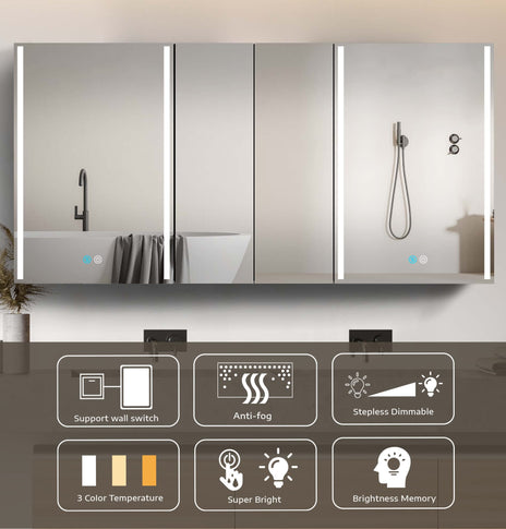 BESTGO 60X30 Medicine Cabinets LED Lighted Bathroom Medicine Cabinet with Anti-fogger 3 Color Lights Dimmable Brightness Oversized Modern Medicine Cabinet Black Alumimum Waterproof