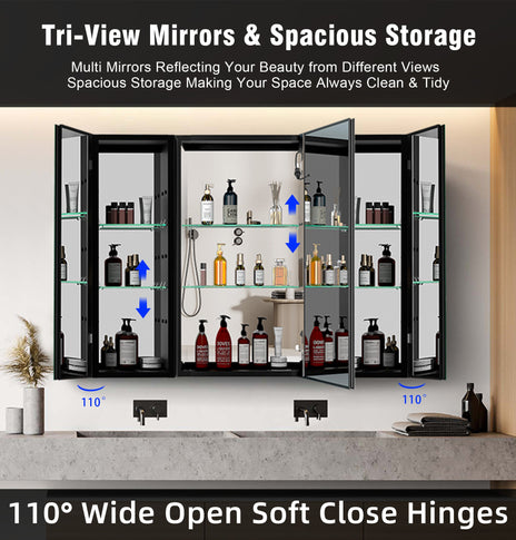 BESTGO Lighted Medicine Cabinets 40x30 inch LED Medicine Cabinet Mirror for Bathroom Black Aluminum Surface Mount Anti-fogger Function 3 Color Temperature Adjustable Brightness