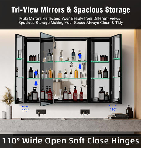 BESTGO Lighted Medicine Cabinets 40x30 inch LED Medicine Cabinet Mirror for Bathroom Black Aluminum Surface Mount Anti-fogger Function 3 Color Temperature Adjustable Brightness