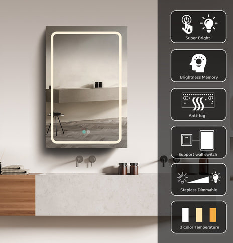 BESTGO Medicine Cabinets LED Lighted Medicine Cabinet with Mirror Dimmer Defogger Aluminum Bathroom Medicine Cabinet Adjustable Glass Shelves 30x20 inch White Right Hinge