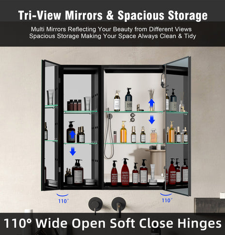 BESTGO 30x30 inch Lighted Medicine Cabinets LED Medicine Cabinet Mirror for Bathroom Black Aluminum Surface Mount Anti-fogger Function 3 Color Temperature Adjustable Brightness