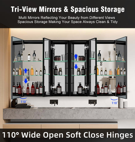 BESTGO Lighted Medicine Cabinets 60x30 inch LED Medicine Cabinet Mirror for Bathroom Black Aluminum Surface Mount Anti-fogger Function 3 Color Temperature Adjustable Brightness