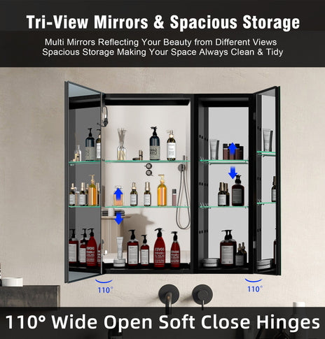 BESTGO 30x30 inch Lighted Medicine Cabinets LED Medicine Cabinet Mirror for Bathroom Black Aluminum Surface Mount Anti-fogger Function 3 Color Temperature Adjustable Brightness