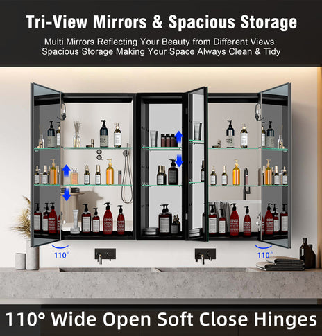 BESTGO Lighted Medicine Cabinets 50x30 inch LED Medicine Cabinet Mirror for Bathroom Black Aluminum Surface Mount Anti-fogger Function 3 Color Temperature Adjustable Brightness