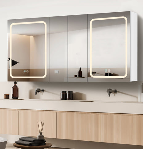 BESTGO Lighted Medicine Cabinets 60x30 inch LED Medicine Cabinet Mirror for Bathroom White Aluminum Surface Mount Anti-fogger Function 3 Color Temperature Adjustable Brightness