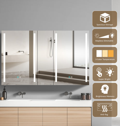 BESTGO Medicine Cabinets 50 W X 30 H LED Medicine Cabinet with Mirror for Bathroom Double Doors Modern Medicine Cabinet with Lights Anti-fogger 3 Color Lights Dimmable Brightness with Big Storage