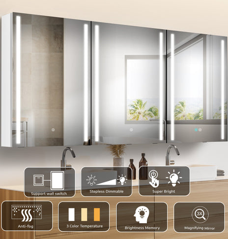 BESTGO Medicine Cabinets 60X30 LED Lighted Bathroom Medicine Cabinet 3X Magnifying Mirror Anti-fogger Dimmable Light Brightness Large Modern 3 Doors Medicine Cabinet White Alumimum Waterproof