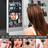 BESTGO LED Medicine Cabinet for Bathroom with Mirror 30x20 Lighted Medicine Cabinet Lights Adjustable Height Magnifying Mirror 3X Jewelry Organizer 3 Color Brightness Dimmable with Glass Shelves