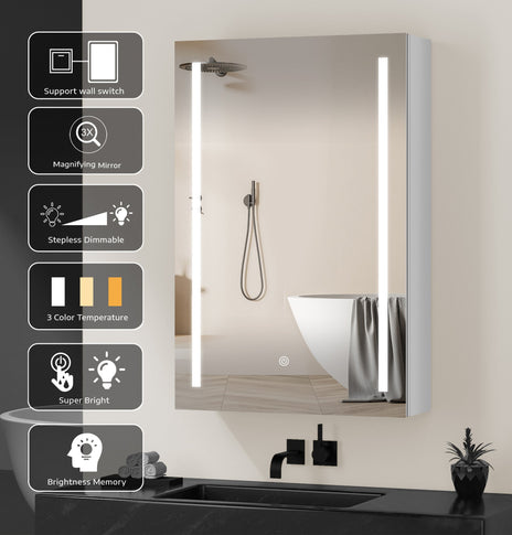 BESTGO LED Medicine Cabinet for Bathroom with Mirror 30x20 Lighted Medicine Cabinet Lights Adjustable Height Magnifying Mirror 3X Jewelry Organizer 3 Color Brightness Dimmable with Glass Shelves