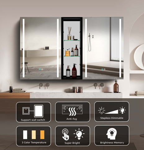 BESTGO Medicine Cabinets 50X30 LED Medicine Cabinet with Mirror for Bathroom 3 Color Lights Dimmable Brightness Anti Fogger Function Modern Design Lighted Medicine Cabinet