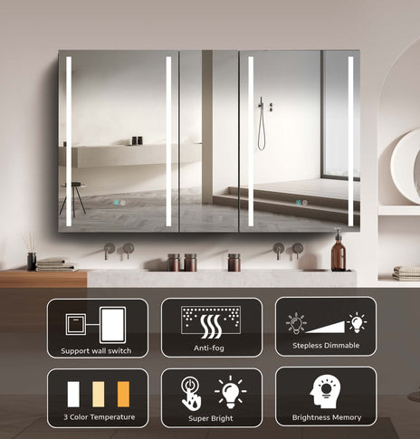 BESTGO Medicine Cabinets 50 WX30 H Lighted LED Mirror Medicine Cabinet for Bathroom Three Doors Modern Medicine Cabinet with Lights Anti-fogger 3 Color Lights Dimmable Brightness