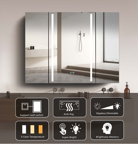 BESTGO Medicine Cabinets LED Lighted 40X30 Bathroom Medicine Cabinet Anti-Fog Function 3 Color Lights Dimmable Brightness Modern Three Doors Surface Mounted Aluminum Main Cabinet Left Door