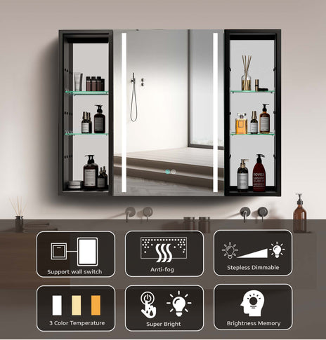 BESTGO Medicine Cabinets LED Lighted 40X30 Black Bathroom Medicine Cabinet with Lights Anti-Fog Function 3 Color Lights Dimmable Brightness Modern Design Right Door