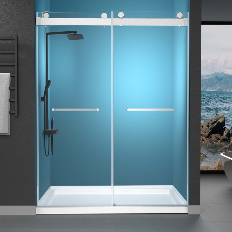BESTGO Shower Doors 57-60'' W x 79'' H Brushed Nickel Frameless Glass Shower Door Double Sliding with Upgraded Soft Close Anti-Jumping System 3/8 inch Tempered Glass Noiseless & Width Adjustable